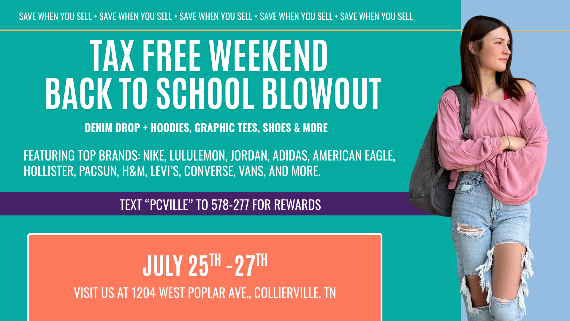 Young shoppers browsing racks of trendy back-to-school clothing at Plato’s Closet Collierville during Tax-Free Weekend. Visible items include denim jeans, cargo pants, graphic tees, sneakers, and popular brand tags like Nike, Hollister, and Levi’s.